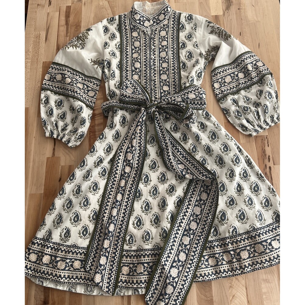 Ivory and Navy Floral Print Long Sleeve Wedding Dress with Sash